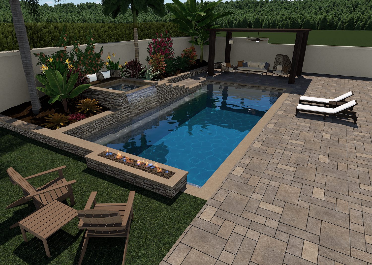 The Solana — 3D pool design by Oasis Pool Builders (evening lighting)