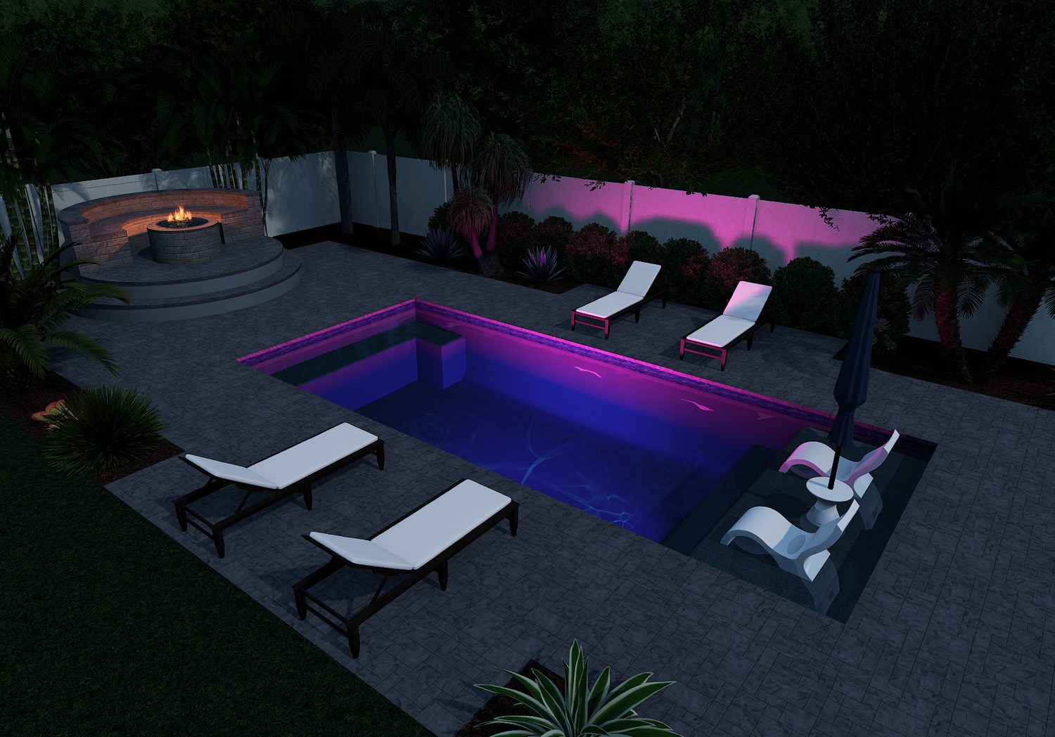 The Leucadia — 3D pool design by Oasis Pool Builders (evening lighting)