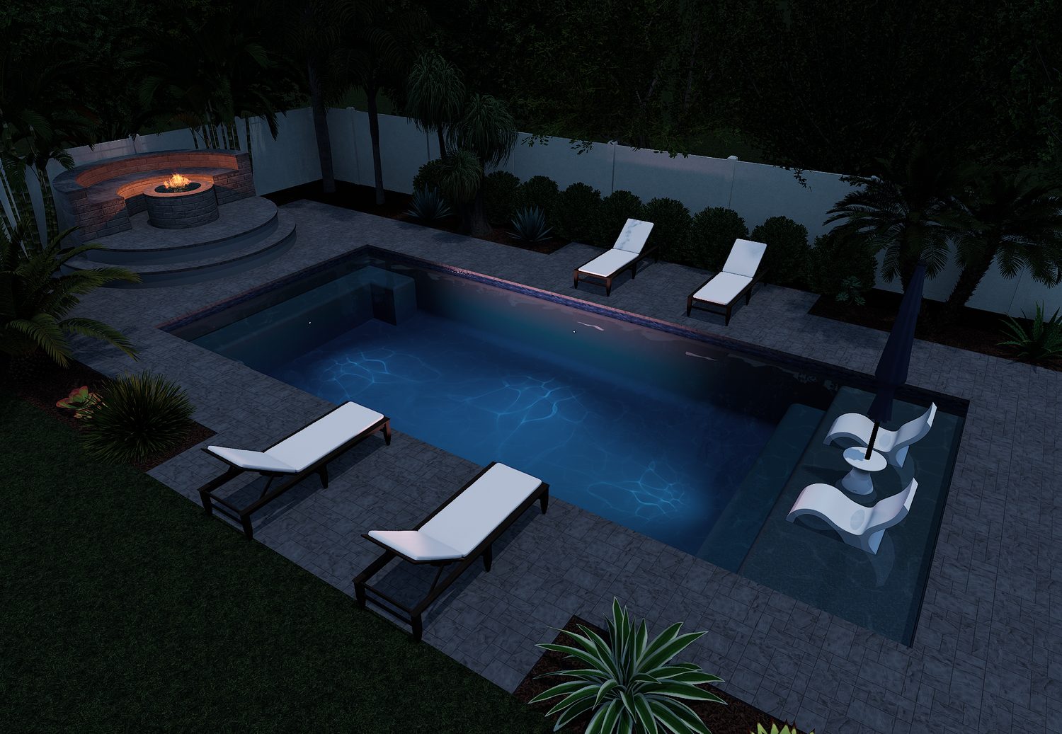 The La Jolla — 3D pool design by Oasis Pool Builders (evening lighting)