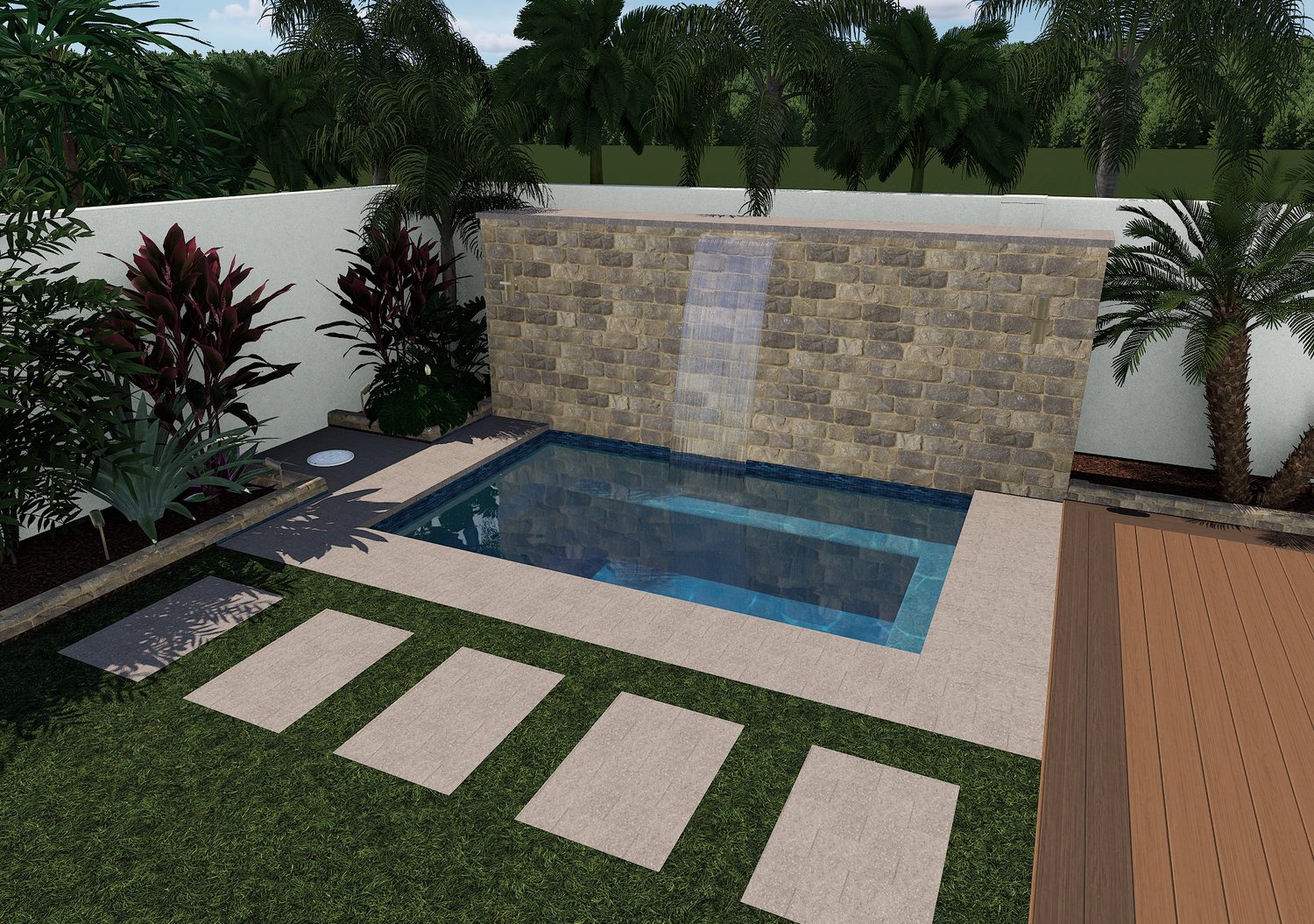 The Cove — 3D pool design by Oasis Pool Builders (evening lighting)